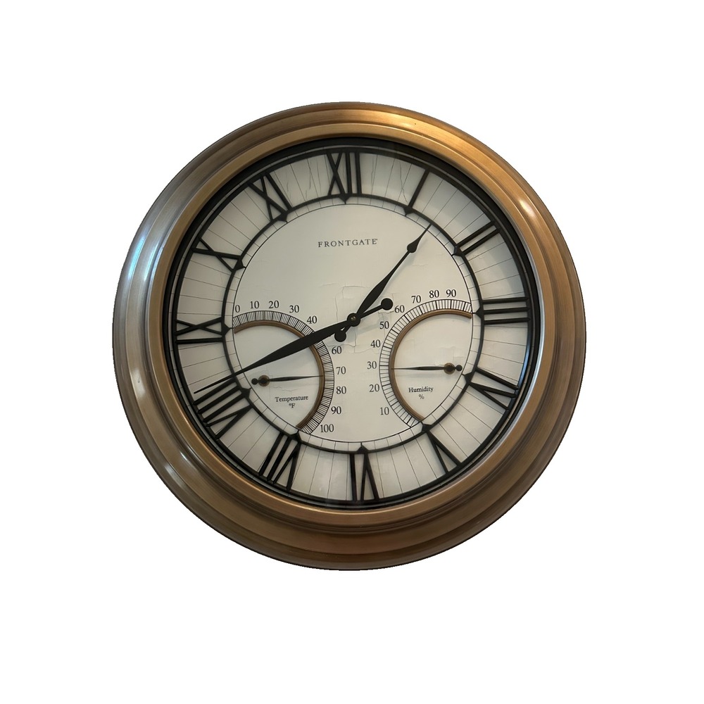 Frontgate Wall Clock 24.5" Temperature Humidity Gauges Gold Analog Large Outdoor